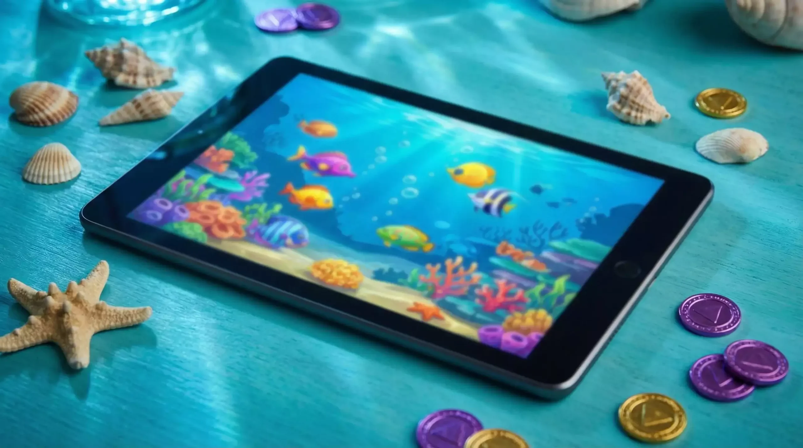 Fish table game interface with underwater theme and shooting game elements