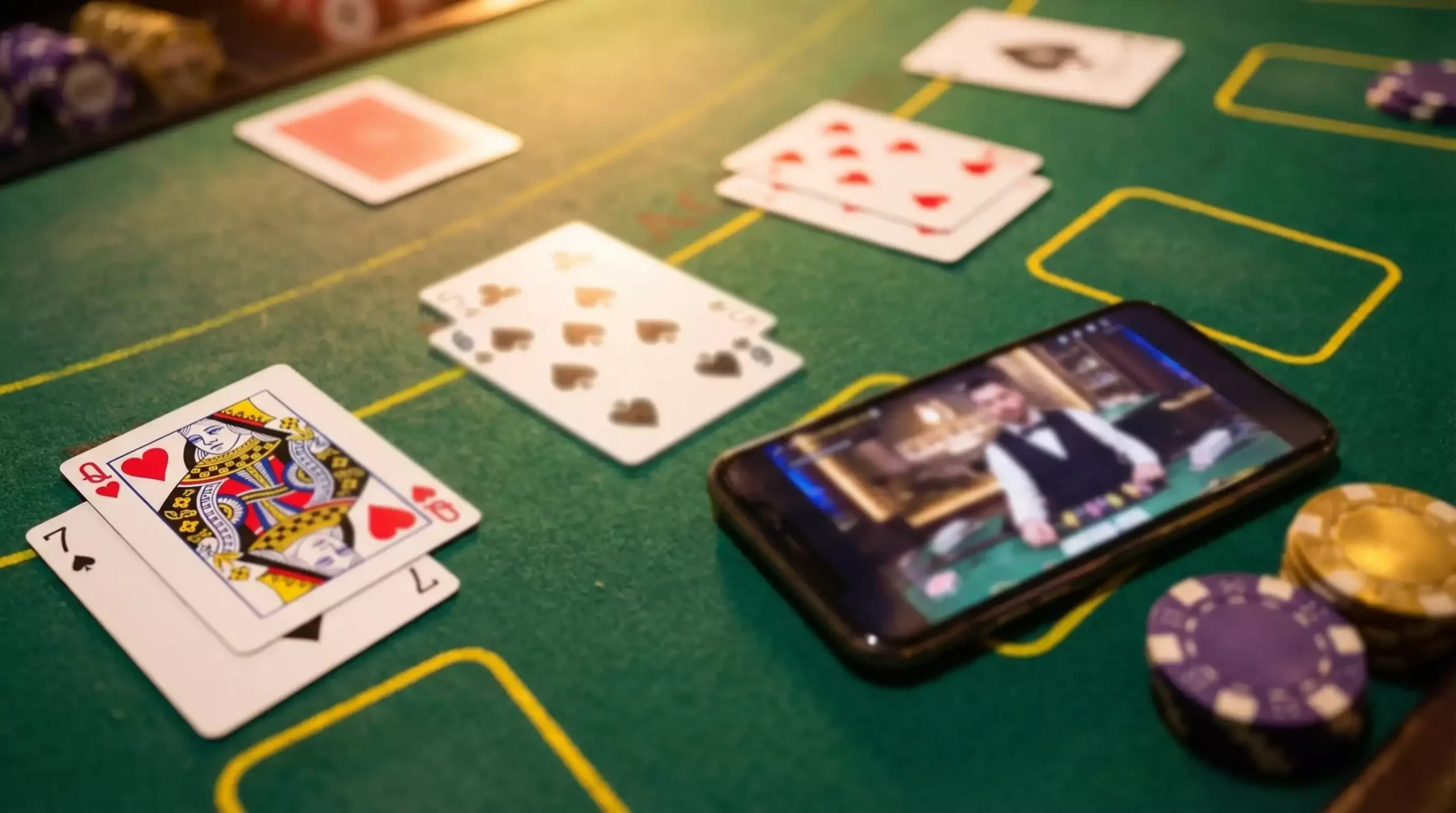 Live dealer casino table with cards and professional dealer setting