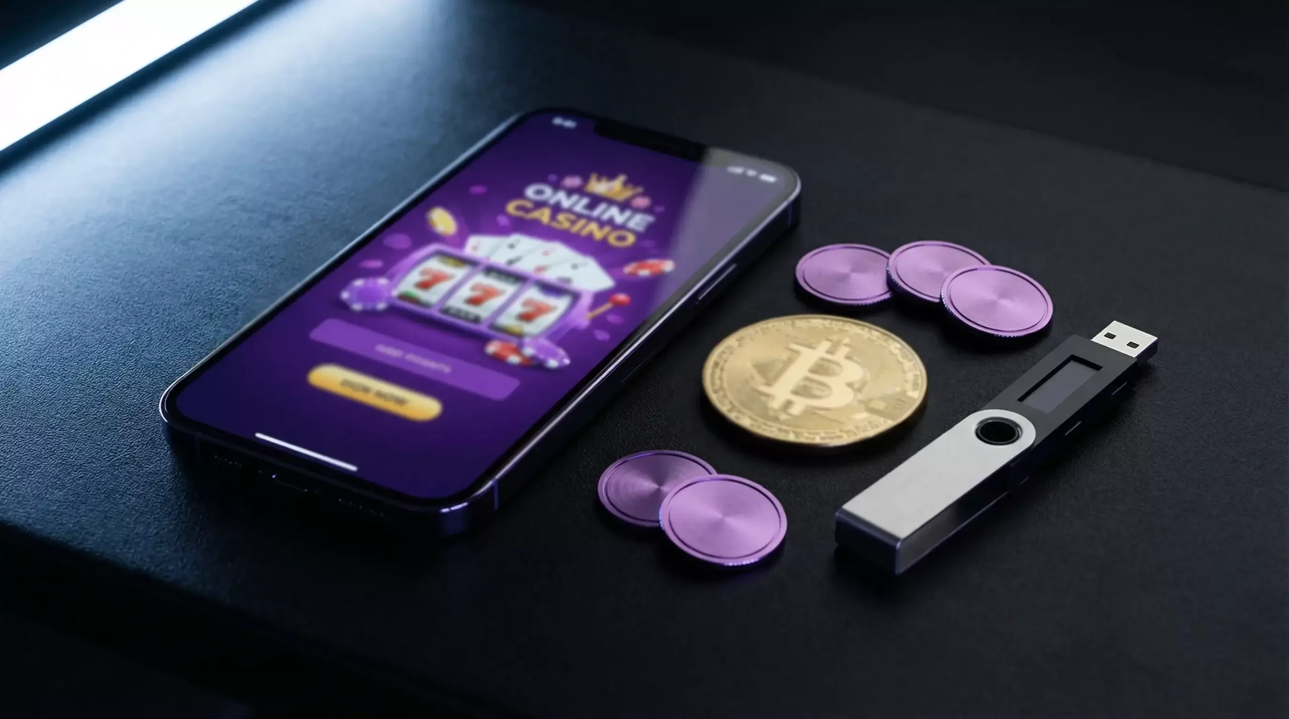 Bitcoin symbol alongside sweepstakes casino tokens representing crypto redemption