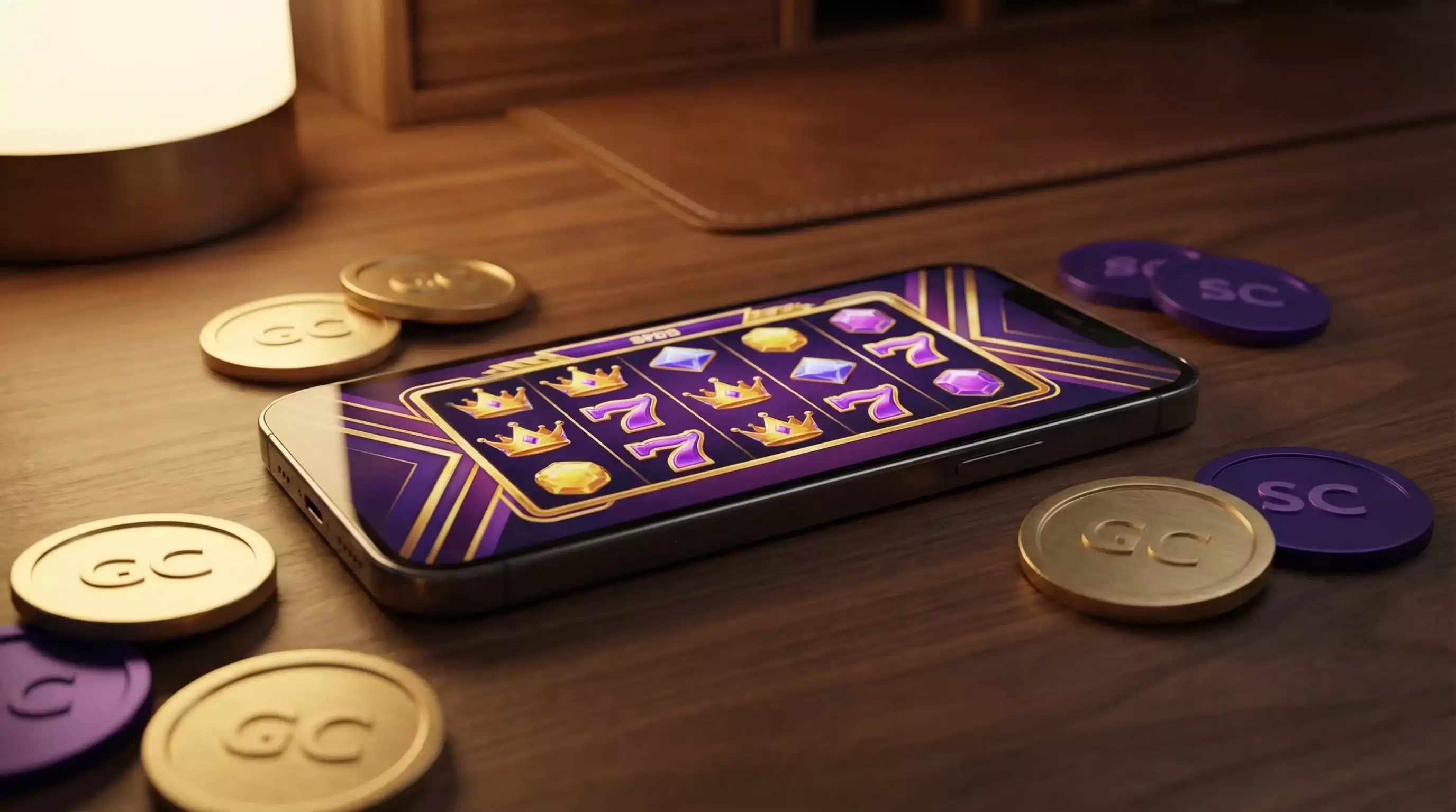 Sweepstakes casino gaming interface with gold and sweeps coins on smartphone screen