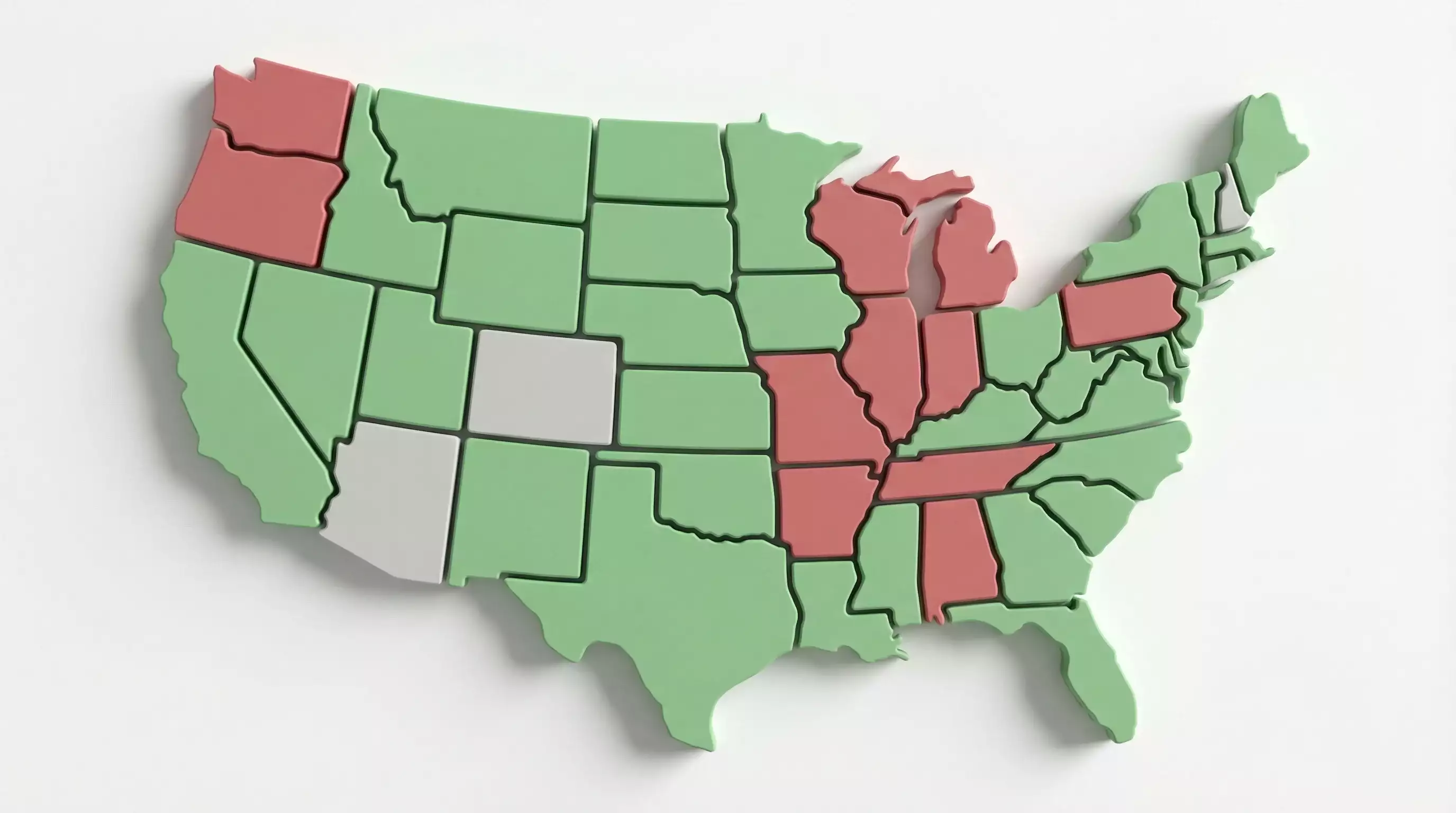 Map of United States showing sweepstakes casino legal states in green and banned states in red