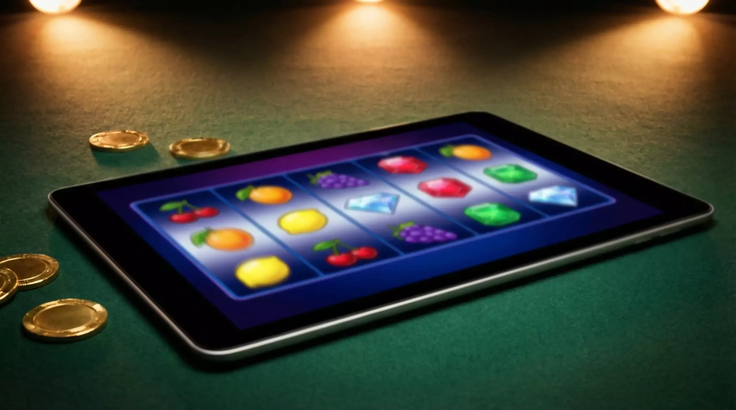 Slot machine reels with sweepstakes casino symbols and gold coin imagery