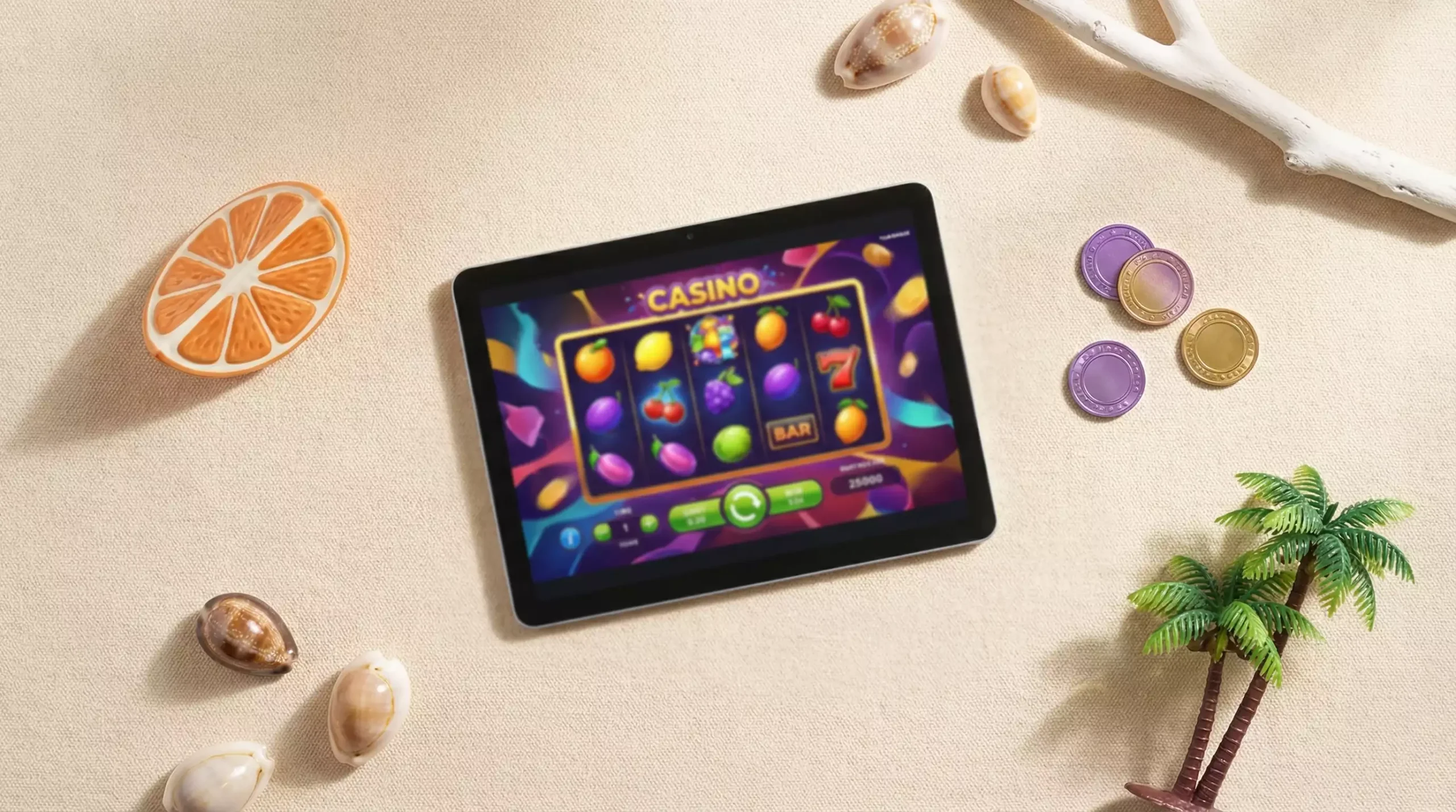 Florida state map with sweepstakes casino icons and palm tree coastal scenery