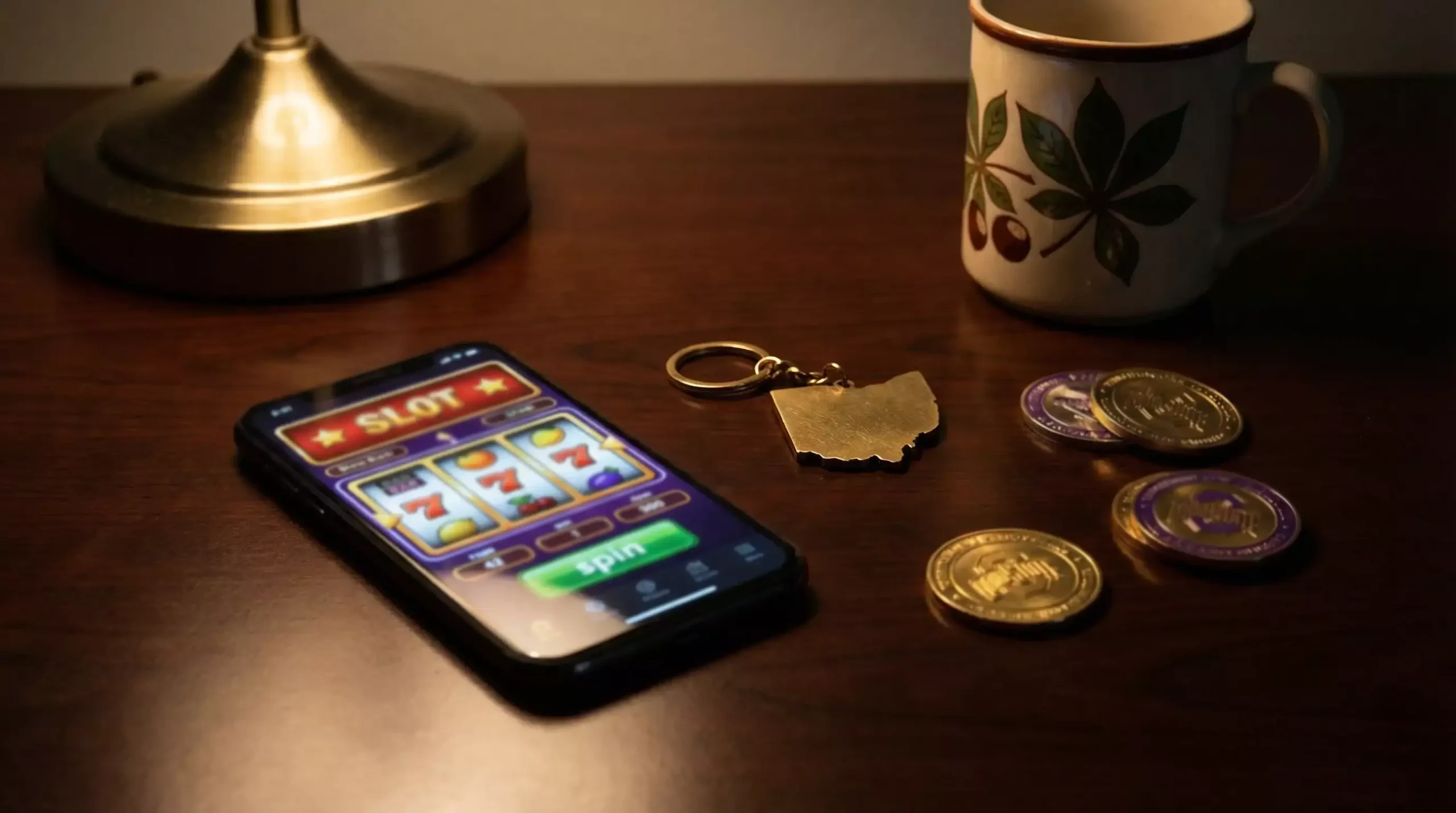 Ohio state shape with sweepstakes casino gaming elements and Midwest scenery