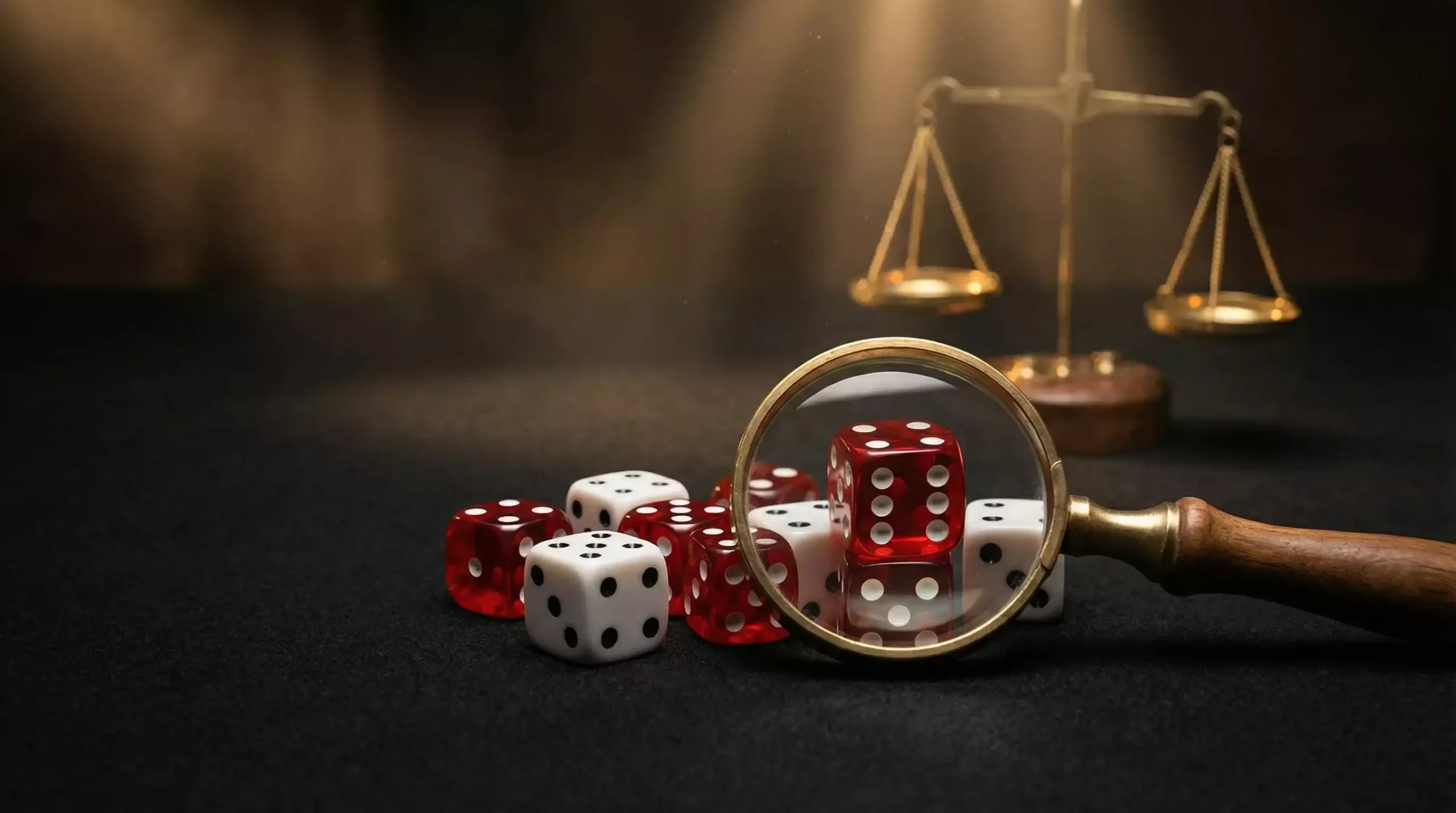 Random number generator concept with dice and fairness symbols for sweepstakes casinos