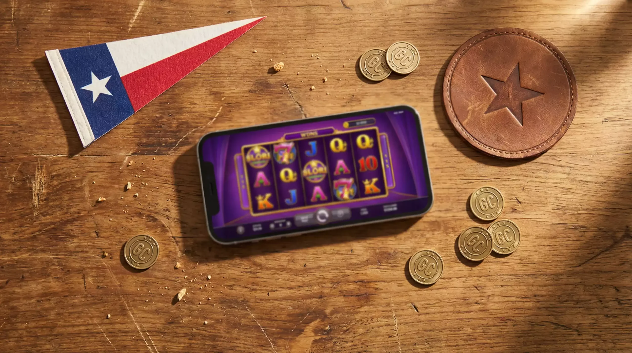 Texas state outline with sweepstakes casino gaming symbols and Lone Star imagery